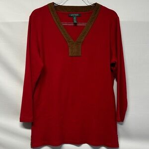 Lauren Ralph Lauren Red Faux Suede Trim V-Neck Top Blouse Size XL